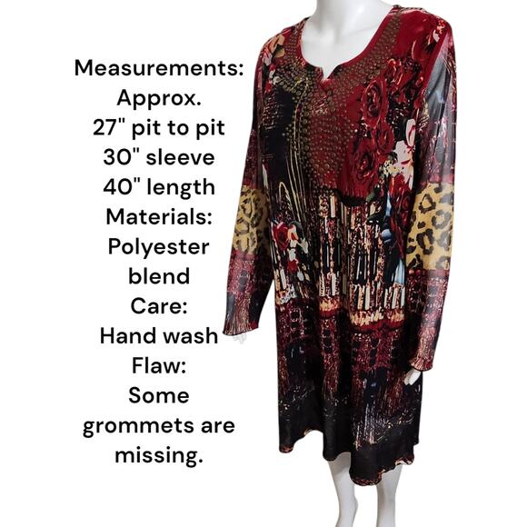 Caleaas Womens Plus Size 3X Red Long Sleeve Midi Dress Grommets & Jewel Neckline - Picture 3 of 12